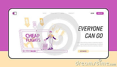 Cheap Flight, Travel Budget Landing Page Template. Tiny Female Character Stand at Huge Laptop with Low Cost Tickets Vector Illustration