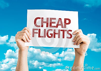 Cheap Flights card with sky background Stock Photo