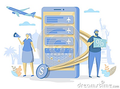 Cheap international flight ticket offers, vector illustration. Online flight mobile booking service. Travel by air. Vector Illustration