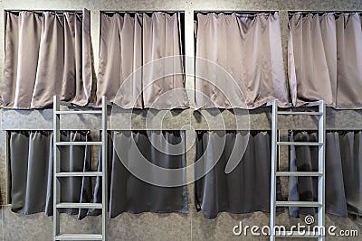 Cheap travel concept. Fragment of hostel interior Stock Photo