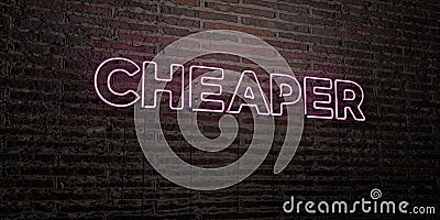 CHEAPER -Realistic Neon Sign on Brick Wall background - 3D rendered royalty free stock image Stock Photo