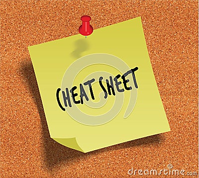 CHEAT SHEET handwritten on yellow sticky paper note over cork noticeboard background. Stock Photo