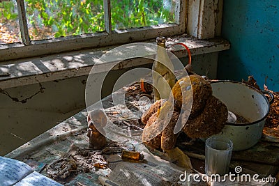 Cheburashka toy in a house inside of the Chernobyl Exclusion Zone in the Ukraine Editorial Stock Photo