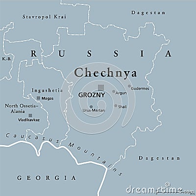 Chechnya, the Chechen Republic, gray political map, with capital Grozny Vector Illustration