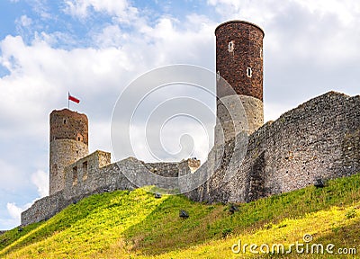Panoramic view of Checiny Royal Castle ruins - Zamek Krolewski w Checinach - medieval stone fortress in Swietokrzyskie Mountains Editorial Stock Photo