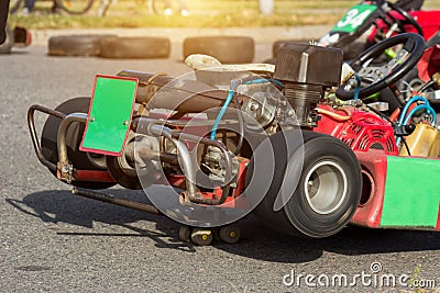 Check and adjust the racing kart before the competition, karting competition, jack, close-up, tuning Stock Photo