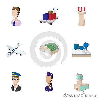 Check at airport icons set, cartoon style Vector Illustration