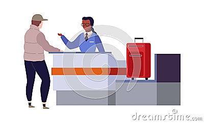 Check in airport terminal. Border security and traveler with bags standing at scanning conveyor vector travel concept Vector Illustration