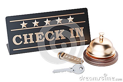 Check in concept, hotel key and reception bell, 3D rendering Stock Photo