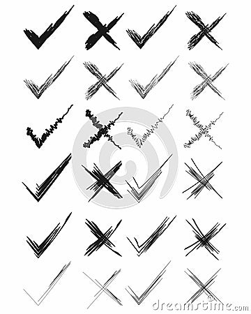 Check and cross marks. Hand drawn brushes. Marker design elements set isolated on white background Vector Illustration