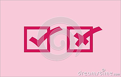 Check and False Marks Ticks and crosses in dark pink squares, Stock Photo