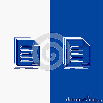 Check, filing, list, listing, registration Line and Glyph web Button in Blue color Vertical Banner for UI and UX, website or Vector Illustration