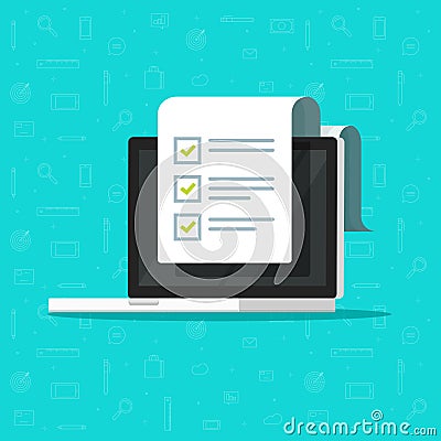 Check list document and laptop vector illustration, flat cartoon computer with paper check list and to do list with Vector Illustration