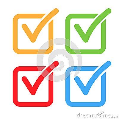Check list icon box. Checkmark right vector shape sign. Correct mark vote symbol. Red green blue orange colors Vector Illustration