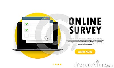 Check list online form on laptop illustration. Report on website or web internet survey, exam checklist. Browser window with check Vector Illustration