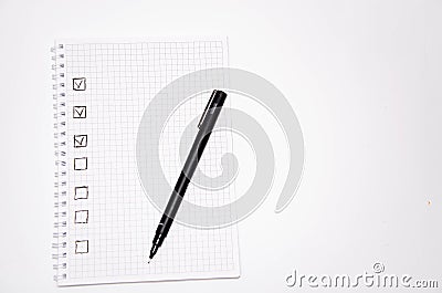 Check list. Square items are empty and checked with a tick. Squared notebook with black pen on a white background. Record ideas, Stock Photo