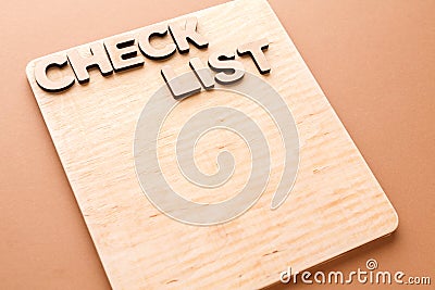 Check list, wooden board, copy space Stock Photo