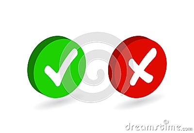 Check mark button icon set. Green tick and red cross flat simbol. Check ok, YES or no, X marks for vote, decision, web.Correct and Cartoon Illustration
