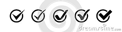 Check Mark collection. Check Mark black vector icons in a row, isolated on white background. Check Marks vector icons in circle. Vector Illustration