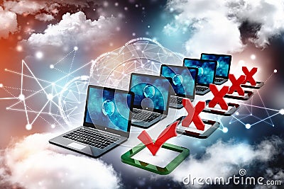 Check mark with Computer in technology background. 3d render Stock Photo