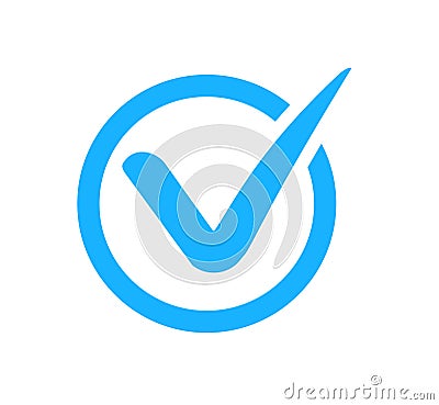 Check mark correct icon. Blue checkmark in circle for checklist. Ok button, checkbox flat style isolated. Blue tick symbol. vector Stock Photo