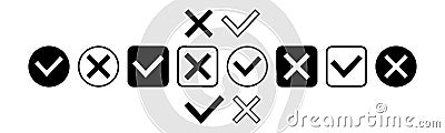 Check mark and cross, black and white icon. Right and wrong. Different design. Vector Cartoon Illustration