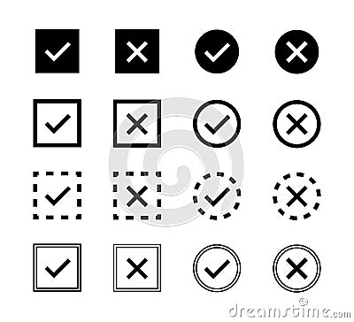Check mark, cross icon. Vector isolated elements, icons, signs. Tick check mark black icons. Stock vector Vector Illustration