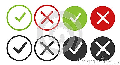 Check mark and cross mark symbols icon element in circle.Right checkmark symbol accepted and rejected. Vector Vector Illustration