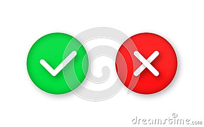 Check mark and cross symbols. 3d render style check mark and cross icon. Right and wrong, yes and no, correct and incorrect. 3d Vector Illustration