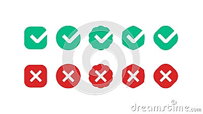 Check mark and cross mark. Yes no simple buttons, tick and cross signs, correct and wrong answer interface elements Vector Illustration