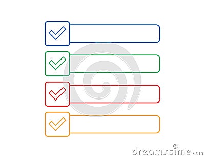 Check mark with empty box. Red, blue, green and yellow checklist. Isolated vote square window. Ok and yes tick in outline design. Vector Illustration