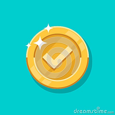 Check mark gold coin vector icon. Flat cartoon golden metal money isolated on blue background. Vector Illustration