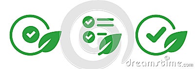 Check mark and green leaf leaves set icon symbol of eco friendly natural organic approval certification tag design Vector Illustration