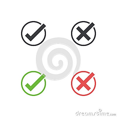 Check mark icon set. Approve and cancel symbol for design project. Flat button yes and no. Good and bad. Appove and cancel button Vector Illustration