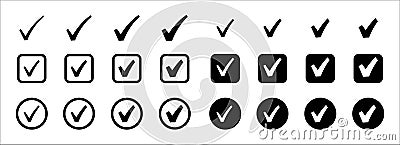 Check mark icon set. Black check mark box vector icons set. Approval checklist symbol. Simple clean and flat design. Checked marks Vector Illustration