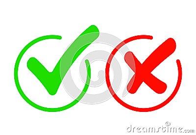 Check mark icon set. Gree Tick and red cross flat simbol. Check ok, YES or no, X marks for vote, decision, web. vector Vector Illustration