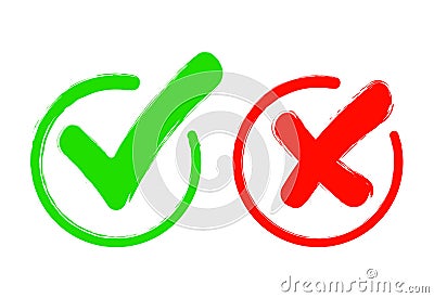 Check mark icon set. Gree tick and red cross flat simbol. Check ok, YES or no, X marks for vote, decision, web.Correct and Stock Photo