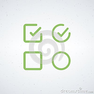 Check mark icon set, yes tick symbol, empty box and filled. voting checklist confirmation, green approved checkbox Cartoon Illustration