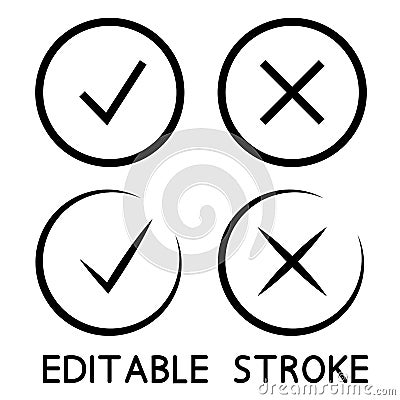 Check mark icons in black color. Thin line. Symbols of approving and declining. Outline symbols. Check mark icons. Editable stroke Cartoon Illustration