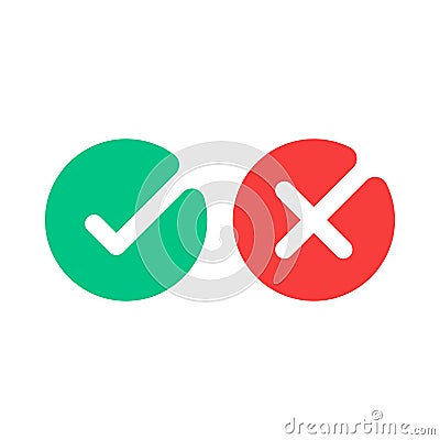 Check mark icons. Green tick and red cross checkmarks flat icons set. Vector illustration isolated on white background. Vector Illustration