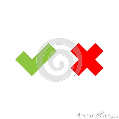 Check mark icons. Green tick and red cross. Flat vector illustration Vector Illustration