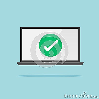 Check mark on laptop screen isolated. Accept or approve checkmark concept. Vector Illustration