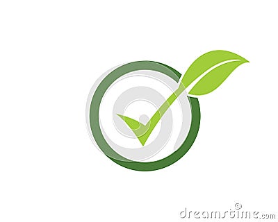 check mark with leaf inside circle vector logo design, organic and natural sign Stock Photo