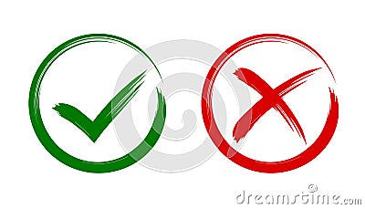 Check mark, tick and cross brush signs, green checkmark OK and red X icons, symbols YES and NO button for vote, decision Stock Photo