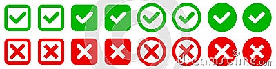 Check mark, tick and cross button, x mark, green and red check box with yes and no sign set in circle and square shape Vector Illustration