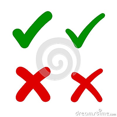 Check mark, tick and cross signs, green checkmark OK and red X icons, symbols YES and NO button for vote, decision Stock Photo