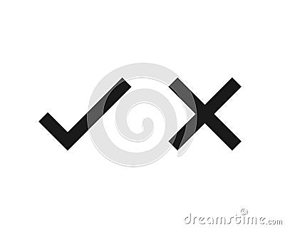 Check mark vector icon set. Right and wrong symbol. Approved and denied sign. Correct and incorrect button. Isolated on white back Vector Illustration