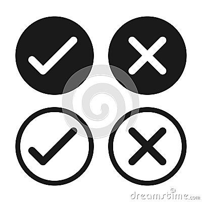 Check mark vector icon set. Right and wrong symbol. Approved and denied sign. Correct and incorrect checkmark button. Vector Illustration