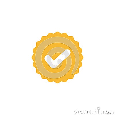Check mark, white tick in yellow circle sign. Valid seal icon vector illustration Vector Illustration