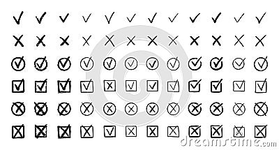 Check marks hand drawn doodle set. tick, cross signs for checkbox, checklist, v and x in sketch set. Vector Illustration